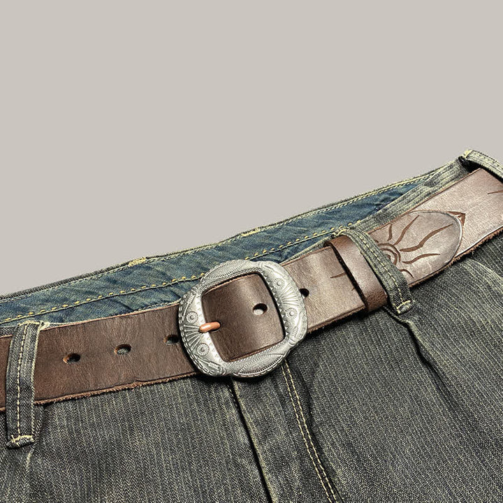Retro Embossed Sun Pattern Silver Buckle Leather Belt - image 9