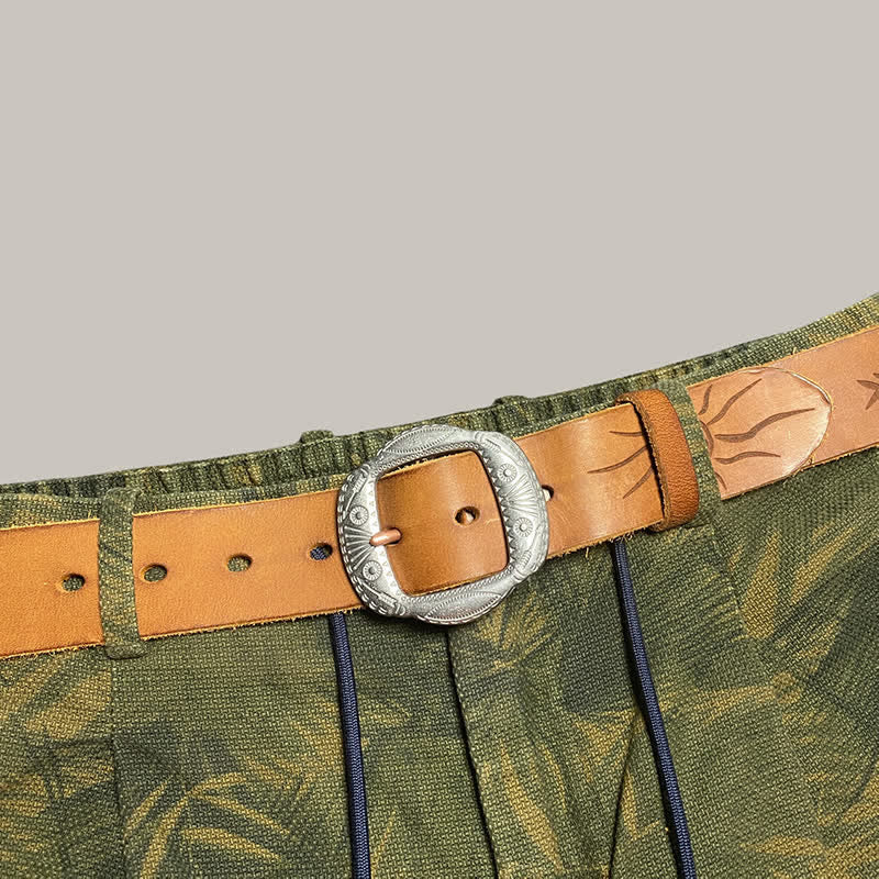 Retro Embossed Sun Pattern Silver Buckle Leather Belt - image 1