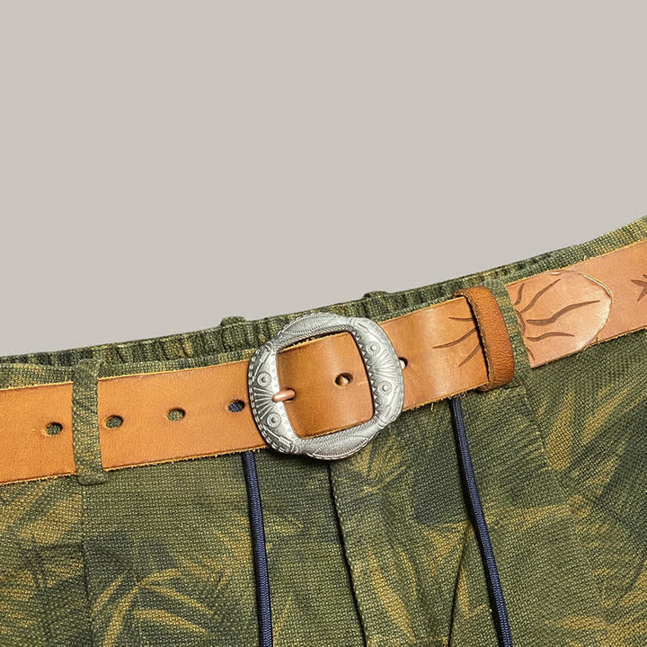 Retro Embossed Sun Pattern Silver Buckle Leather Belt - image 1