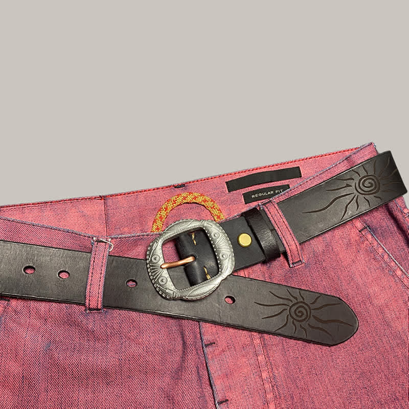 Retro Embossed Sun Pattern Silver Buckle Leather Belt - image 20