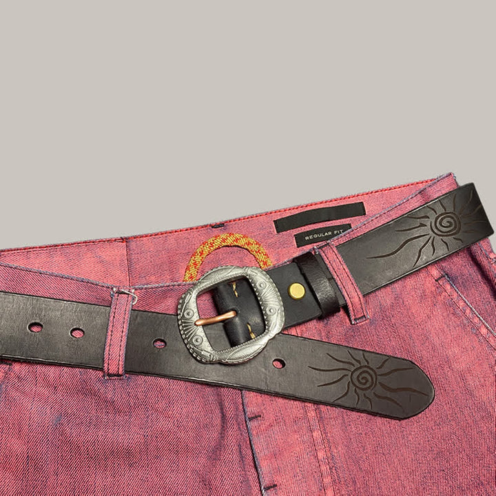 Retro Embossed Sun Pattern Silver Buckle Leather Belt - image 20