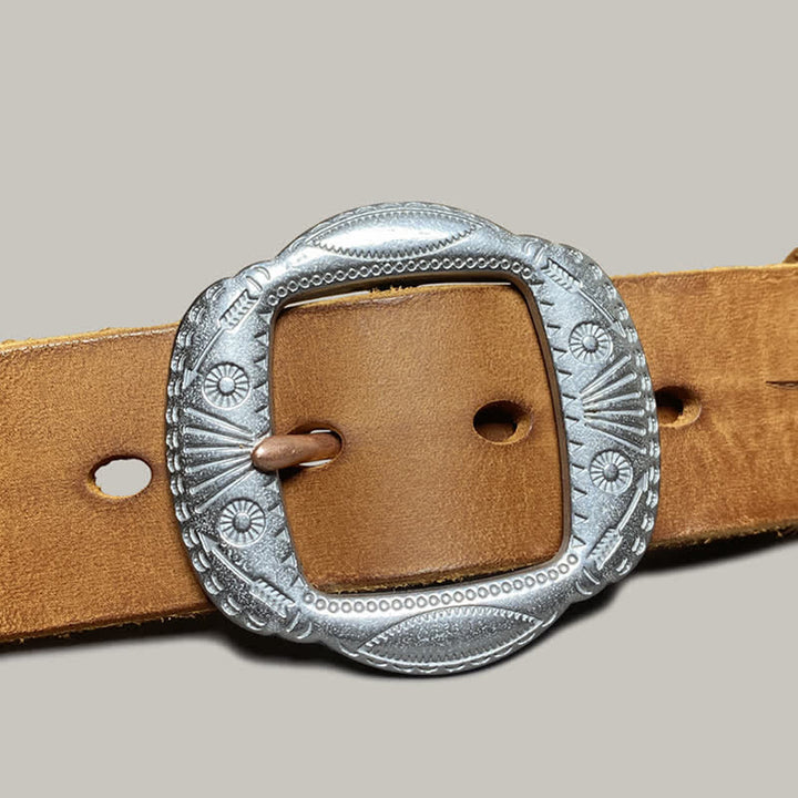 Retro Embossed Sun Pattern Silver Buckle Leather Belt - image 5