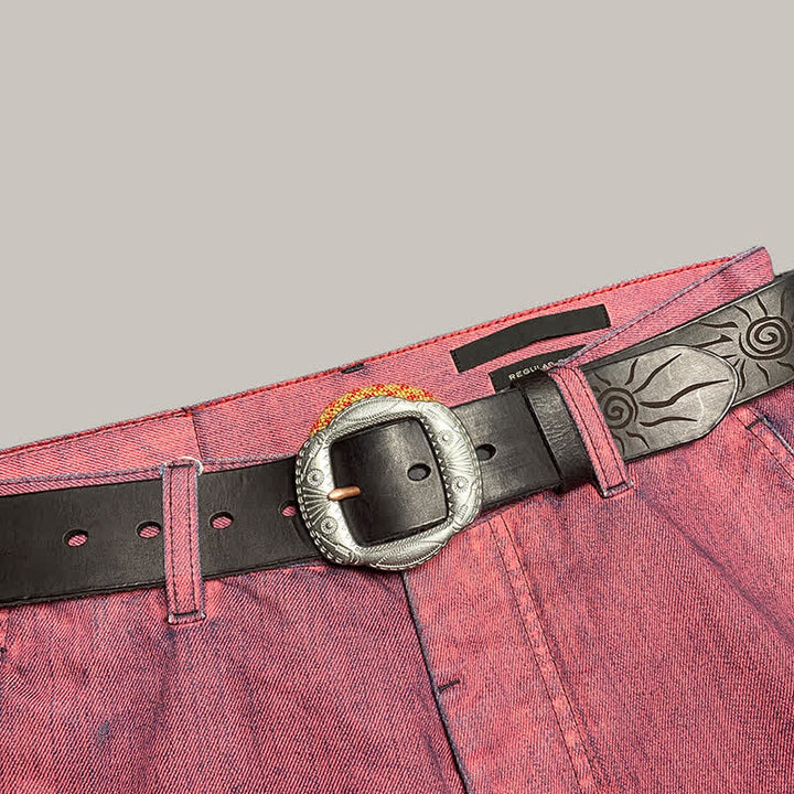 Retro Embossed Sun Pattern Silver Buckle Leather Belt - image 19