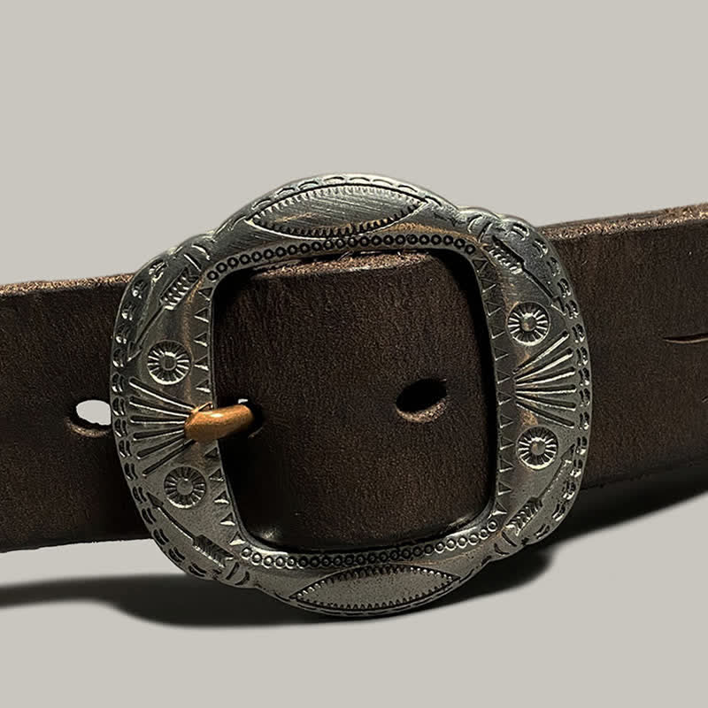 Retro Embossed Sun Pattern Silver Buckle Leather Belt - image 13
