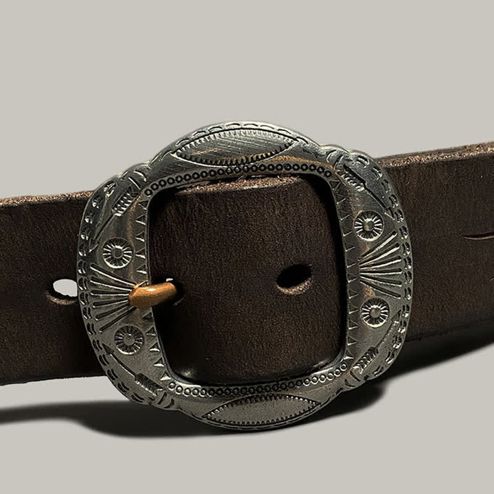 Retro Embossed Sun Pattern Silver Buckle Leather Belt - image 13
