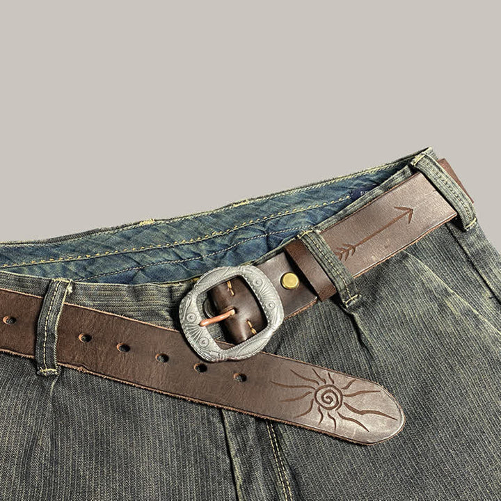Retro Embossed Sun Pattern Silver Buckle Leather Belt - image 10