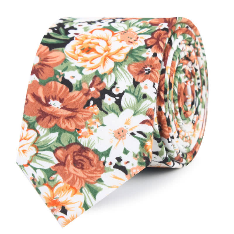 Men's Orange Floral Leaves Pattern Cottern Necktie - Orange - image 0