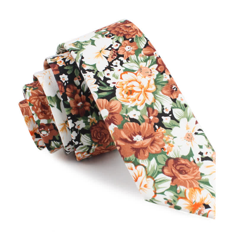 Men's Orange Floral Leaves Pattern Cottern Necktie - image 3