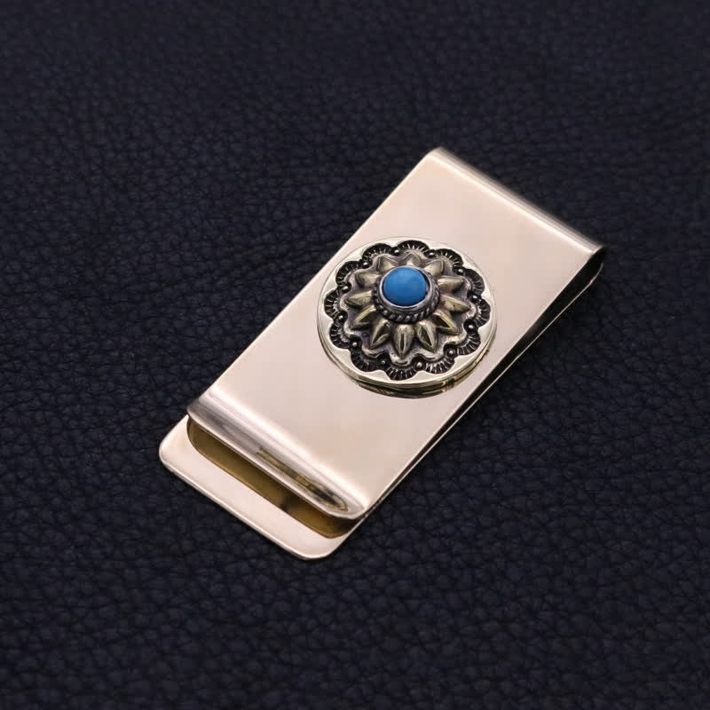 Little Flower Faux Turquoise Soild Brass Money Clip - Faux Turquoise - image 0