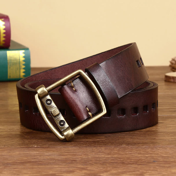 Unique Solid Brass Pin Buckle Leather Belt - Reddish-Brown - 46 - image 5