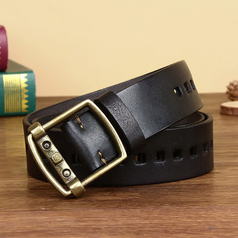 Unique Solid Brass Pin Buckle Leather Belt - Black - 46 - image 7