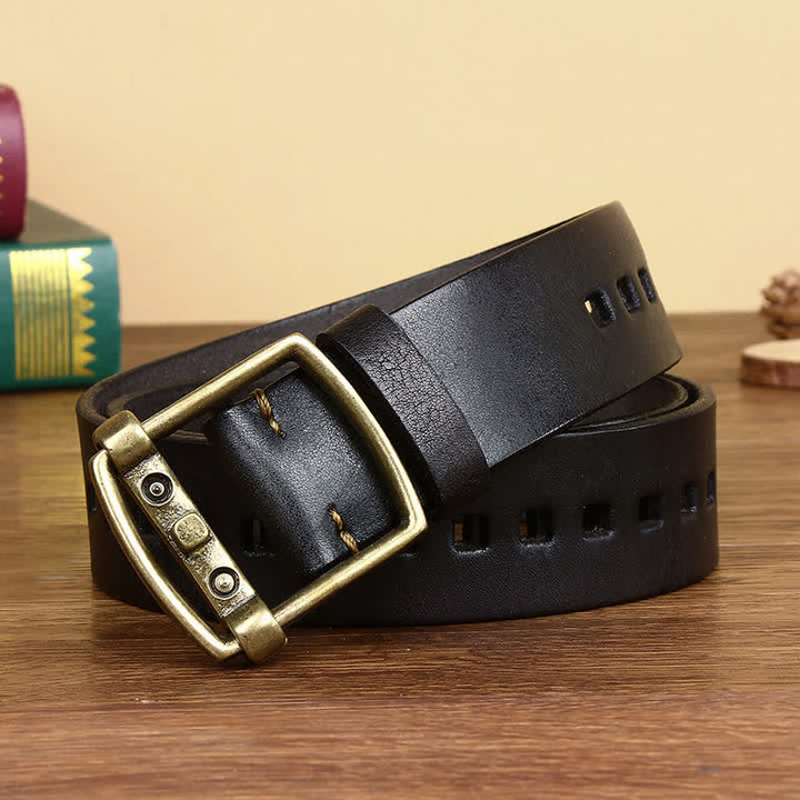 Unique Solid Brass Pin Buckle Leather Belt - Black - 46 - image 7