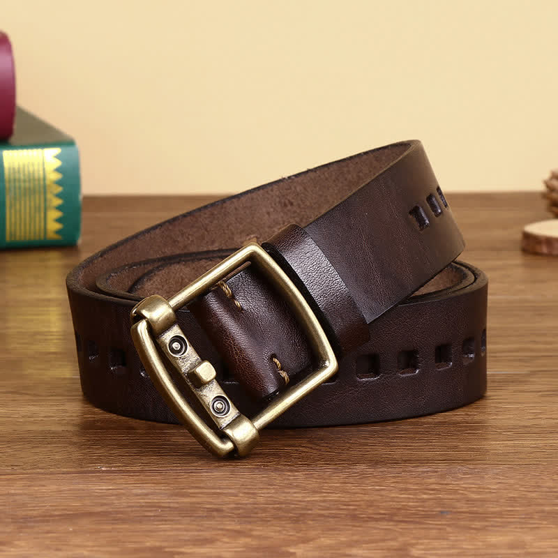 Unique Solid Brass Pin Buckle Leather Belt - Coffee - 46 - image 0