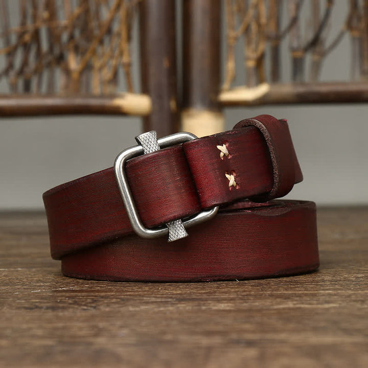 Retro Distressed Adjustable Smooth Buckle Leather Belt - Reddish-Brown - 40 - image 11