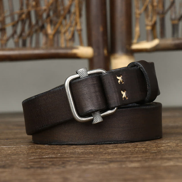 Retro Distressed Adjustable Smooth Buckle Leather Belt - Black - 40 - image 5