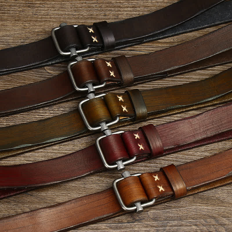 Retro Distressed Adjustable Smooth Buckle Leather Belt - image 1