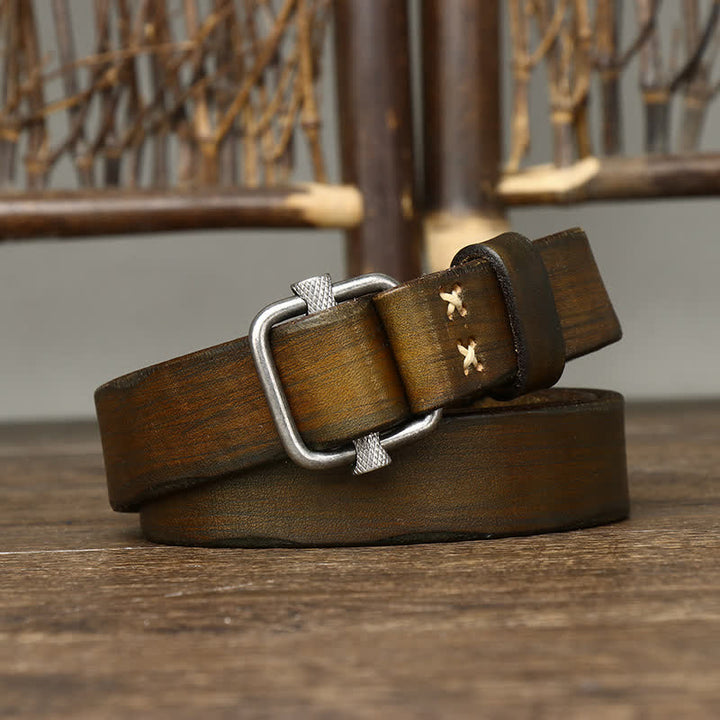 Retro Distressed Adjustable Smooth Buckle Leather Belt - Olive - 40 - image 14
