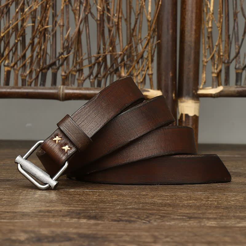 Retro Distressed Adjustable Smooth Buckle Leather Belt - image 4