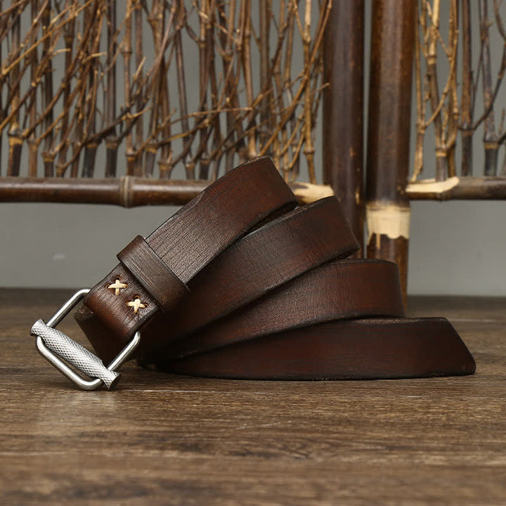 Retro Distressed Adjustable Smooth Buckle Leather Belt - image 4