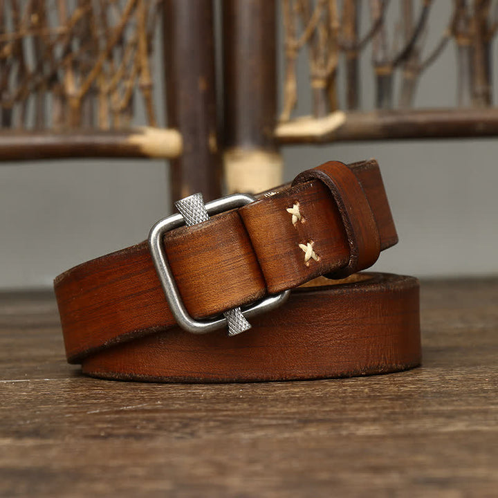 Retro Distressed Adjustable Smooth Buckle Leather Belt - Yellowish-Brown - 40 - image 8