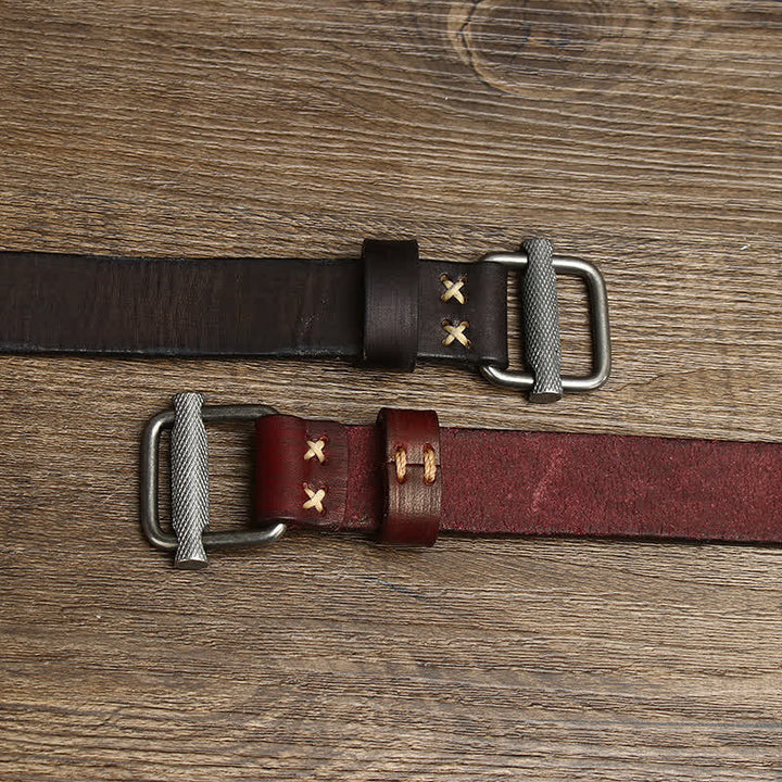 Retro Distressed Adjustable Smooth Buckle Leather Belt - image 2