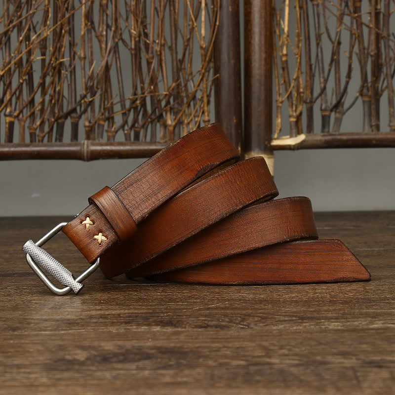Retro Distressed Adjustable Smooth Buckle Leather Belt - image 10