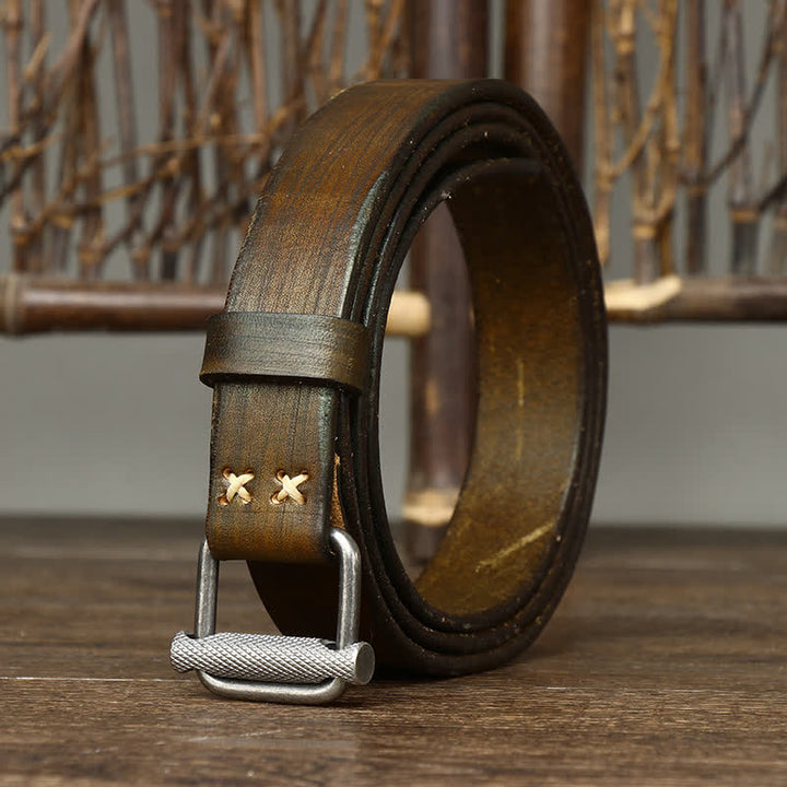 Retro Distressed Adjustable Smooth Buckle Leather Belt - image 15