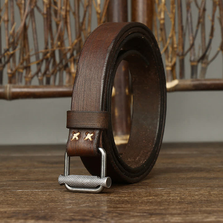 Retro Distressed Adjustable Smooth Buckle Leather Belt - image 3