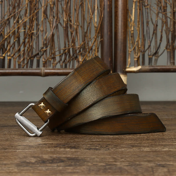 Retro Distressed Adjustable Smooth Buckle Leather Belt - image 16