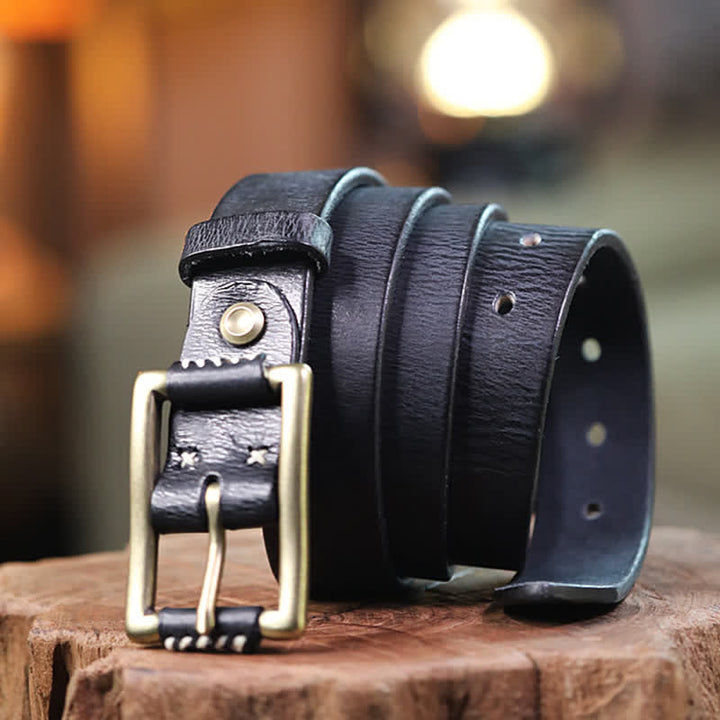 Hand-Made Sewing Retro Jeans Genuine Leather Belt - Black - 44 - image 7