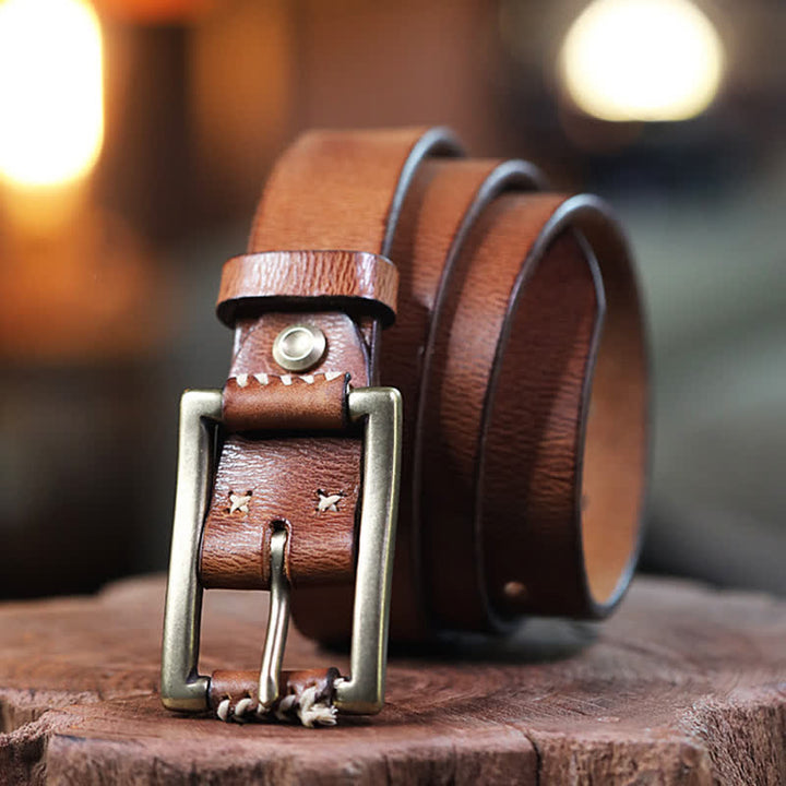 Hand-Made Sewing Retro Jeans Genuine Leather Belt - Yellowish-Brown - 44 - image 9