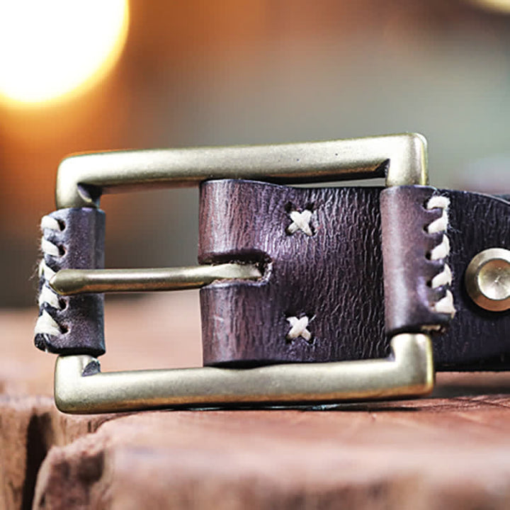 Hand-Made Sewing Retro Jeans Genuine Leather Belt - image 3