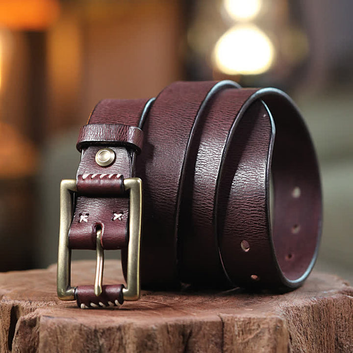 Hand-Made Sewing Retro Jeans Genuine Leather Belt - Reddish-Brown - 44 - image 8