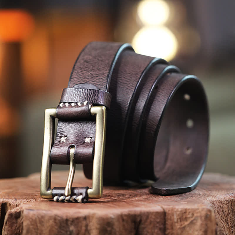 Hand-Made Sewing Retro Jeans Genuine Leather Belt - Coffee - 44 - image 0