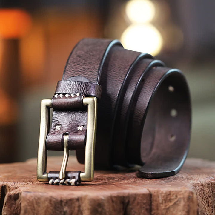 Hand-Made Sewing Retro Jeans Genuine Leather Belt - Coffee - 44 - image 0