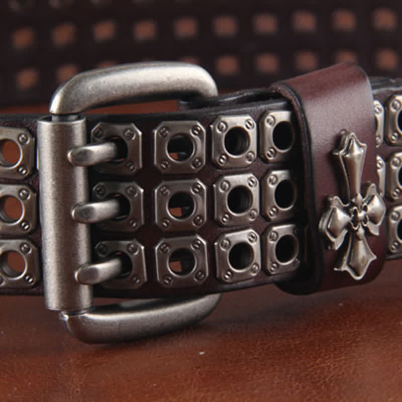 Stylish Three Row Cross Studded Rivet Leather Belt - image 1