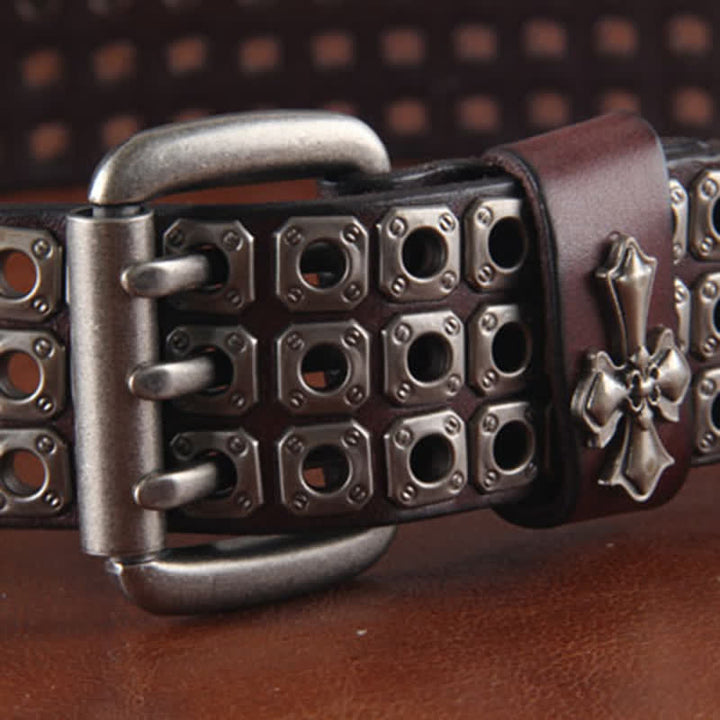 Stylish Three Row Cross Studded Rivet Leather Belt - image 1