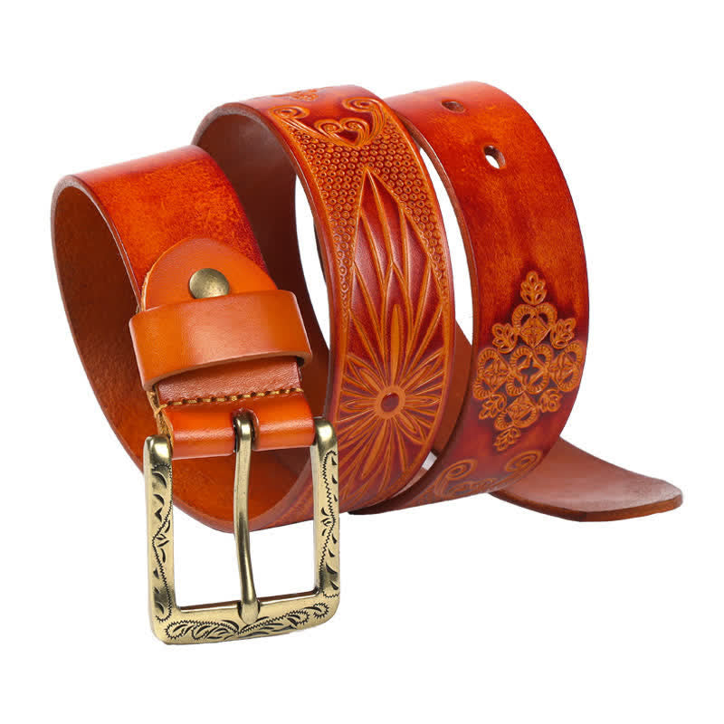 Medieval Exotic Embossed Pattern Leather Belt - Orange - 44 - image 7