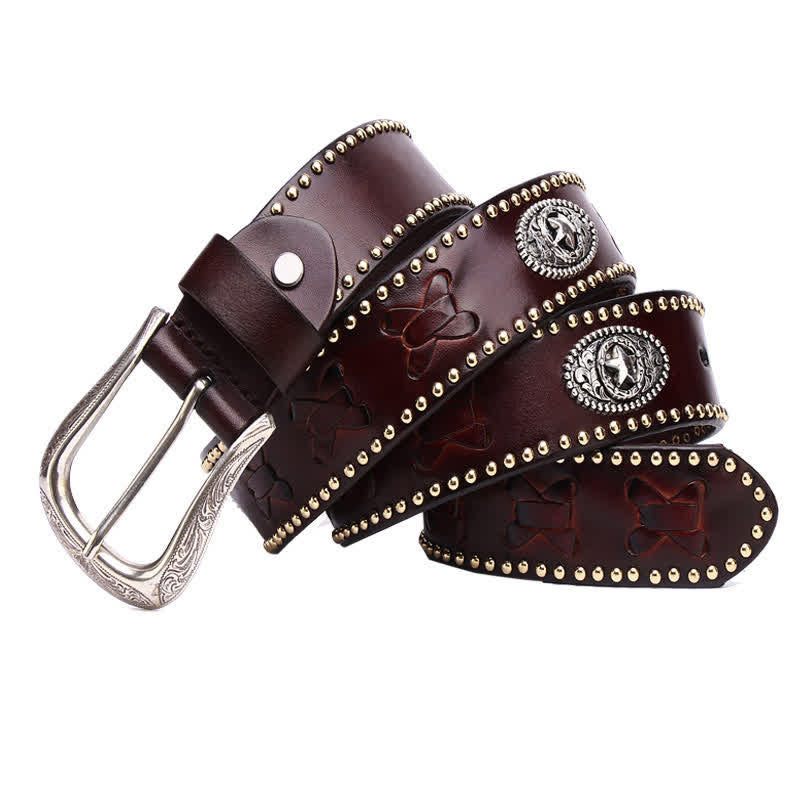 Weatern Style Five-Pointed Star Rivets Leather Belt - Coffee - 44 - image 2