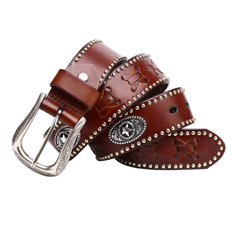 Weatern Style Five-Pointed Star Rivets Leather Belt - Brown - 44 - image 10