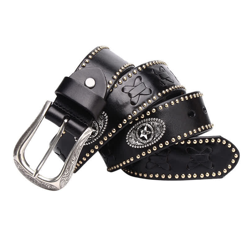 Weatern Style Five-Pointed Star Rivets Leather Belt - Black - 44 - image 0
