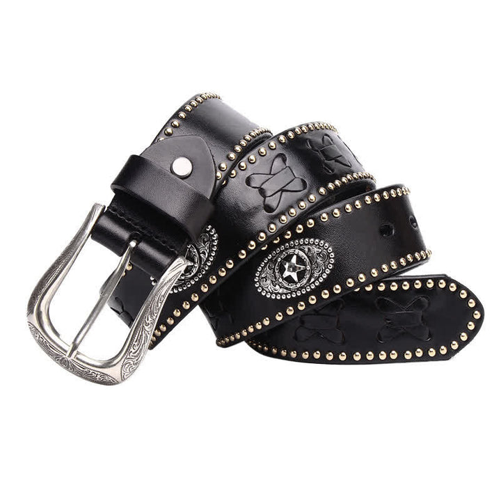 Weatern Style Five-Pointed Star Rivets Leather Belt - Black - 44 - image 0