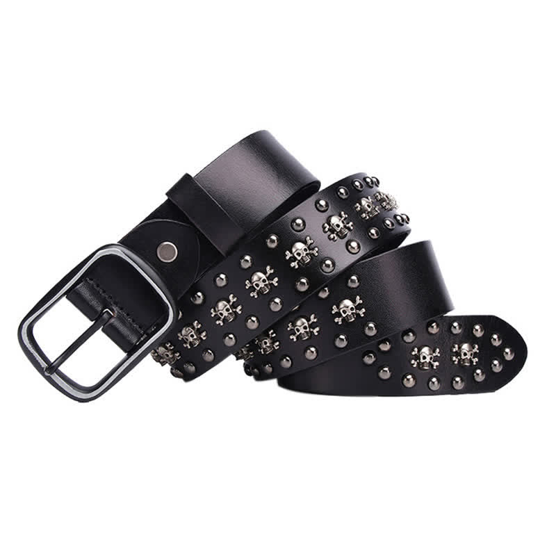 Studded Gothic MIni Skull Rivets Leather Belt - Black - 44 - image 0