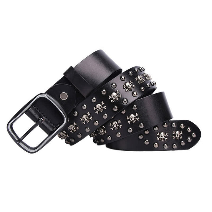 Studded Gothic MIni Skull Rivets Leather Belt - Black - 44 - image 0