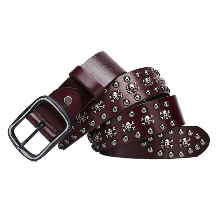 Studded Gothic MIni Skull Rivets Leather Belt - Coffee - 44 - image 10