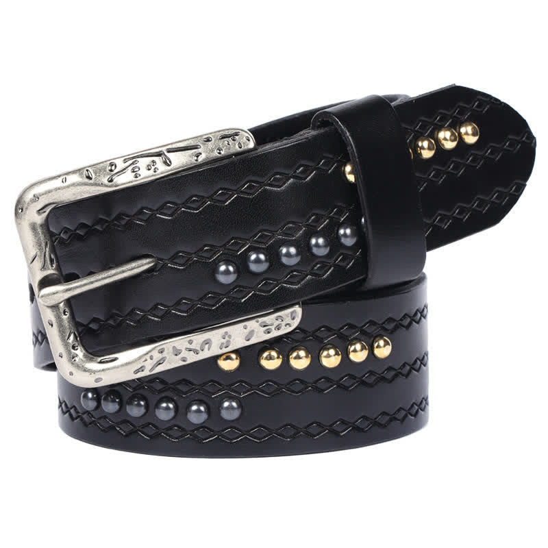 Round Rivet Fancy Stitch Embossed Pattern Leather Belt - Black - 44 - image 5