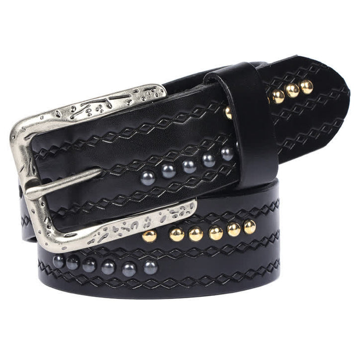 Round Rivet Fancy Stitch Embossed Pattern Leather Belt - Black - 44 - image 5