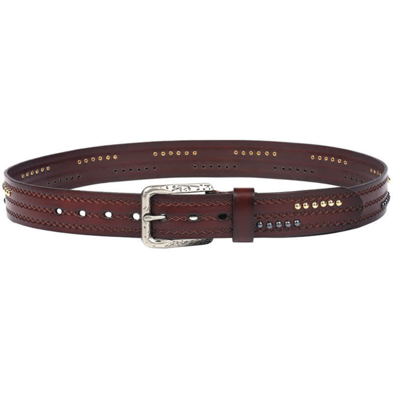 Round Rivet Fancy Stitch Embossed Pattern Leather Belt - image 13
