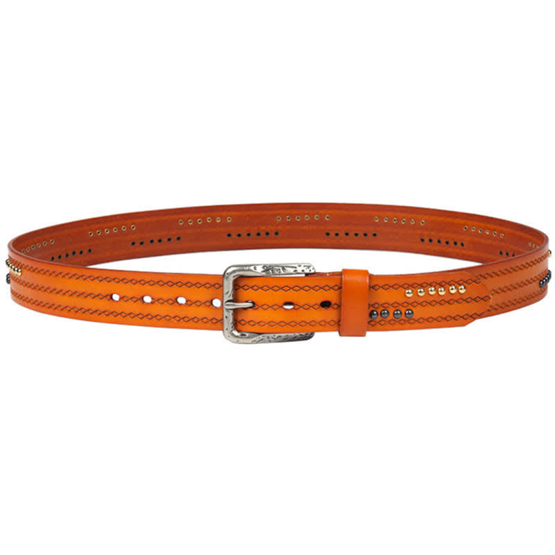 Round Rivet Fancy Stitch Embossed Pattern Leather Belt - image 16