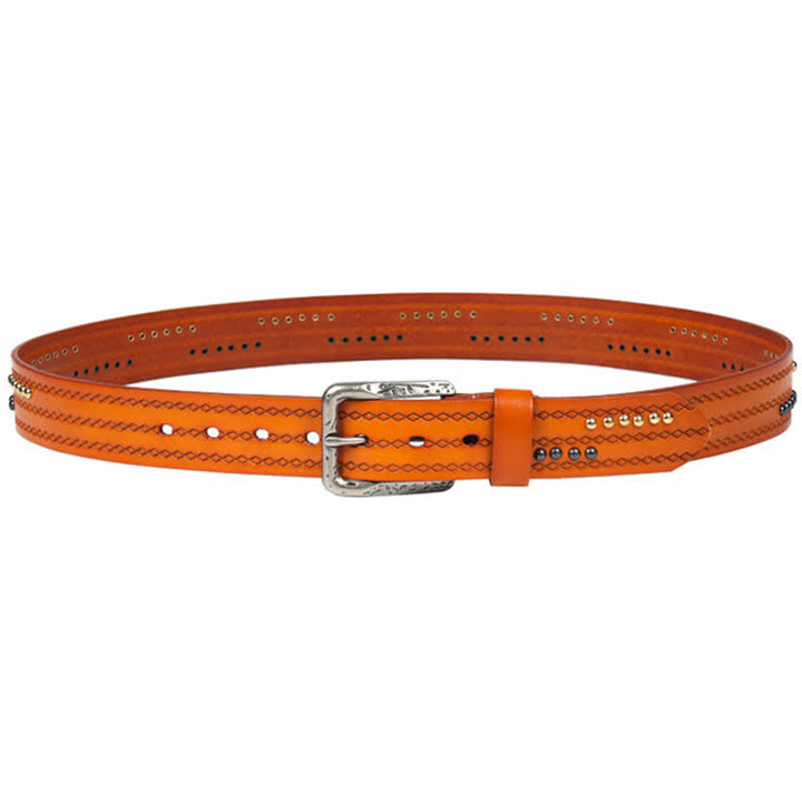 Round Rivet Fancy Stitch Embossed Pattern Leather Belt - image 16